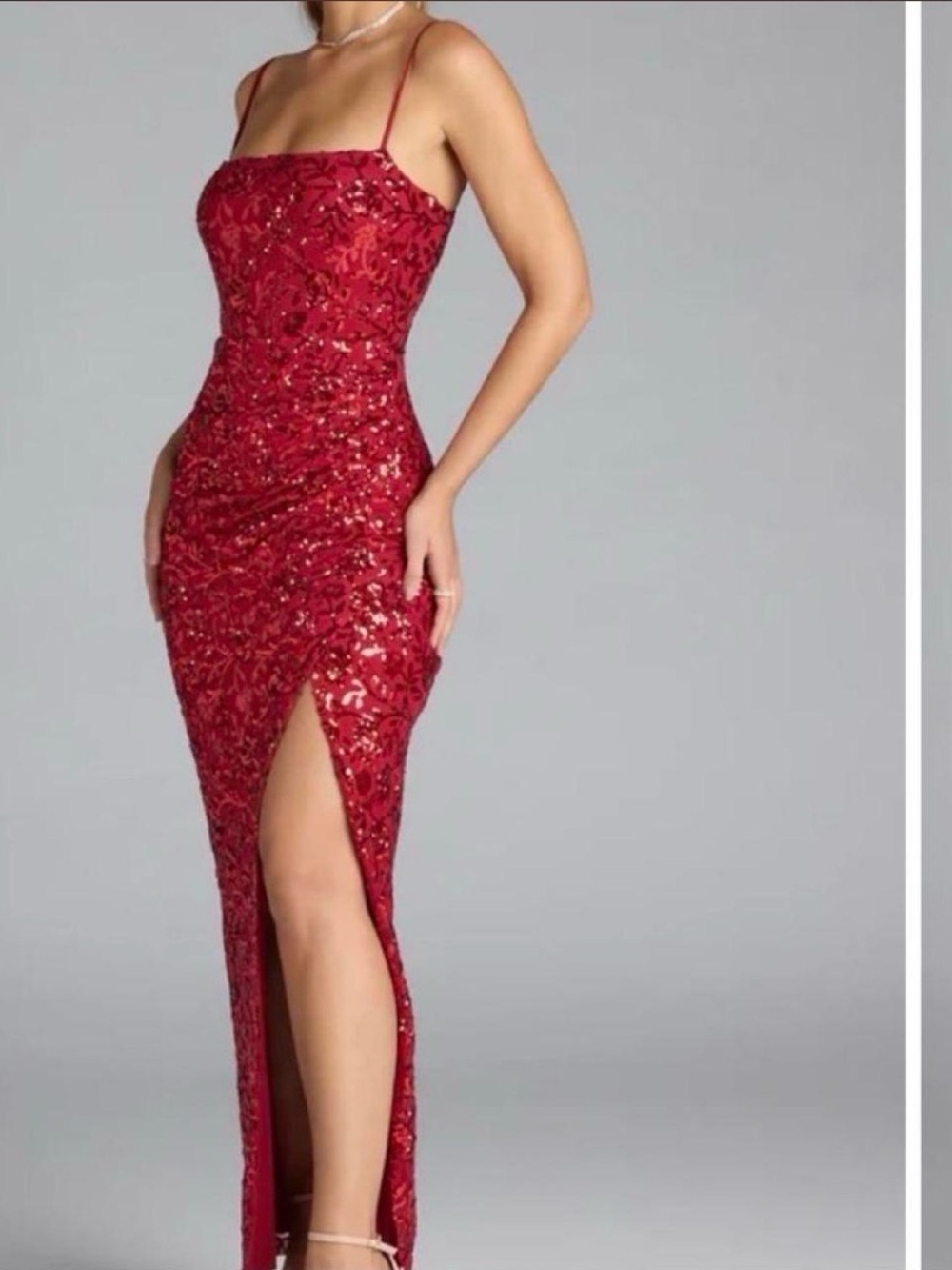 Windsor Red Sequin Spaghetti-Strap Maxi Dress with High Slit